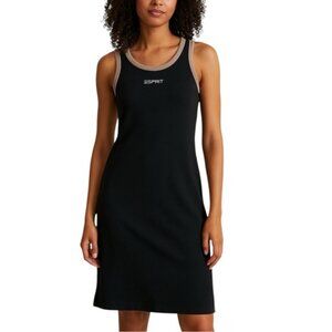 Esprit Ribbed Black & Tan Sleeveless Tank Dress Small Y2K Logo